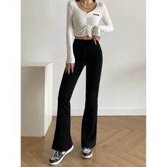 Casual Slim Elastic Black Bootcut Pants - SweatshirtsHoodies.com Casual Flare Bottoms With High Stretch, Casual Flare High Stretch Bottoms, Casual High-stretch Flare Bottoms, Casual Black Elastane Pants, Casual Winter Elastane Pants, Black Flare Pants For Winter, Black Flare Winter Pants, Non-stretch Flare Bottoms For Winter, Black Stretch Pants For Fall