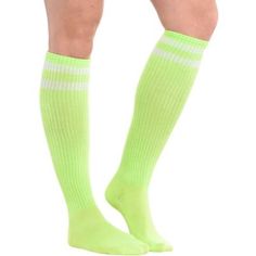 Pull on our Neon Yellow Stripe Athletic Knee-High Socks for some instant team spirit! These athletic knee-high socks feature allover highlighter yellow with two white stripes at the top. They reach all the way up to your knees for a look that's both sexy and demure!  Neon Yellow Stripe Athletic Knee-High Socks product details:  Each measures 19in long Fits men's shoe sizes 4 1-2 to 7 1-2 and women's shoe sizes 5 1-2 to 9 1-2  52% acrylic 39% polyester 6% rubber 2% spandex 1% other fiber  Hand wa Yellow Sporty Socks For Sports, Sporty Green Socks For Spring, Green Stretch Sports Socks, Green Casual Knee-high Socks, Casual Socks For School In Spring, Casual School Socks For Spring, White Sporty Knee-high Socks, Trendy Sports Socks For Spring, Sports Socks For Spring