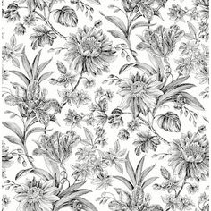 black and white floral wallpaper with large flowers on the side, in an ornate pattern