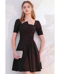 Buy modest little black short dress sleeved with ruffles high quality at affordable price online. Free shipping and pro custom service since 2009. One Piece Dress Knee Length, Black Dress Elegant, Dress Elegant Short, Modest Formal Dresses, Dress Models, Black Dress With Sleeves, Embroidered Midi Dress, Party Events, Black Short Dress