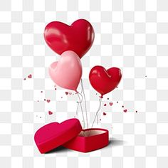 three heart shaped balloons flying out of a box, valentine's day, balloon, red png and psd