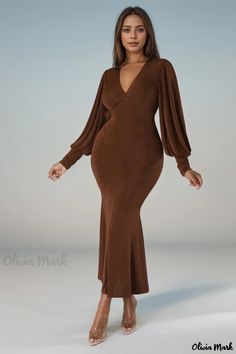 OliviaMark - Elegantes langärmeliges Kleid mit fester Taille Formales Kleid Basic Skirt, Slim Fit Dresses, Skirt Skirt, Long Sleeve Bodycon, Cinched Waist, Green Brown, Olivia Mark, High Collar, Formal Dress