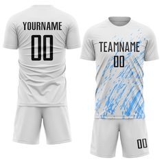 a soccer jersey and shorts with the name teamname 00 printed on it in blue ink