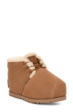 Everything about this bootie is turned up, from the interior platform to the foam-filled upper for striking proportions. Plush faux fur and soft suede give it the UGG look you know and love, while a lightweight midsole and flexible outsole mean you can wear it outside. 2 1/2" heel; 2" platform (size 11) 4" shaft Lace-up style Foam-cushioned footbed Leather upper/textile faux-fur lining/sugar-cane-based synthetic sole Imported Sugar Cane, Fabric Gift Bags, Fabric Gifts, Free Fabric, Womens Uggs, Soft Suede, Fur Trim, Up Styles, Chestnut