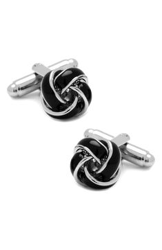 Give your formal look a touch of texture with classic sophistication when you don these knotted cuff links and shirt studs. Includes two cuff links and four shirt studs Cuff links have bullet back; shirt studs have fixed backs Silvertone plate/enamel Imported Tuxedo Studs, Knot Studs, Black Bow Tie, Stud Set, Cufflinks Men, Mens Gift Sets, Black Bow, Black And Silver, Cuff Links