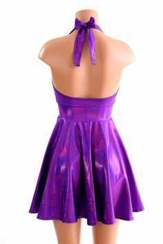 "This item is made to order, please read all the way through the listing before purchasing! This flowy dress is made of beautiful grape purple holographic spandex. The halter top is darted and ties behind the neck, the hemline is circle cut. Length: 17\" measured from the waist to the hemline. We can create this dress from any other fabric in our shop, just ask! Womens Sizing (See below for instructions on where measurements should be taken) XXS: Bust 29\"-30\" / Waist 22\"-23\" / Hips 30\"-32\" Middle School Dance Dresses, Middle School Dance, Purple Holographic, School Dance Dresses, Olive Branch, Flowy Dress, Dance Dresses, Tie Backs, Purple Dress