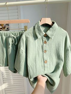 Mint Green Woven Women's Front Button Collared Top And Drawstring Pocket Shorts Casual Set Mint Green Casual    Plain  Non-Stretch  Women Clothing, size features are:Bust: ,Length: ,Sleeve Length: Casual Buttoned Shorts For Loungewear, Summer Shorts With Buttons For Loungewear, Summer Loungewear Shorts With Buttons, Collared Top, Pocket Shorts, Shorts Casual, Collar Top, Casual Sets, Two Piece Outfit