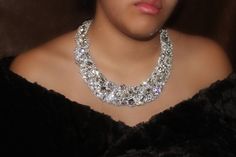 "This beautiful classic Hollywood crystal choker/necklace was inspired by old classic Hollywood exudes vintage glamour. This stunning necklace is made from various shapes sizes of Swarovski and Preciosa crystals. All stones are crystal clear and have a beautiful amount of sparkle and shine.  ** Necklace Features **  Completely unique   Sterling silver hook closure with extension  Soft width of just under 1 1/2'' inches at center and tapers towards the back to 3/4\" Necklaces fit very comfortable as it lay around your neck Lined with leather All hand sewn Necklace is not heavy  Have any questions please feel free to ask us specific questions you may have.  Thank you for stopping by Couture Love" Glamorous Formal Rhinestone Necklace With Diamond Accents, Luxury Crystal Diamond Necklace For Party, Elegant Formal Choker With Rhinestones, Dazzling Crystal Bridal Necklace With Jewels, Dazzling Bridal Necklace With Jewels And Crystal, Dazzling Bridal Necklace With Jewels In Crystal, Dazzling Bridal Necklace With Jewels, Sparkling Diamond Bridal Necklace For Evening, Glamorous Diamond Rhinestone Necklace For Formal Occasions