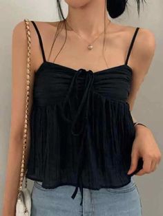 Solid Color Pleated Lace Up Cami Top - AnotherChill Black Tops For Summer Day Out, Black Tops For Day Out, Black Tops For Day Out In Spring, Trendy Black Tops For Brunch, Trendy Black Top For Brunch, Black Cami Top, 2000s Outfits, Baby Tees Y2k, Mini Dress Formal