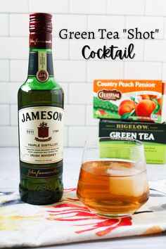 Jameson Bottle, Tea Boxes, and cocktail in glass Green Tea Cocktail, Hate To Love, I Love Green, Peach Green Tea, Tea Cocktail, Jameson Irish Whiskey, Green Tea Bags, Tea Cocktails, Cocktail Drink