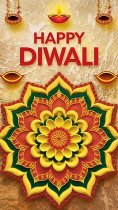 happy diwali greeting card with colorful flower and hanging candles on the wall in front of it