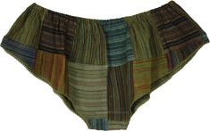 These bohemian striped patchwork short cuts are the perfect way to add a touch of flair to your summer beach or pool wardrobe.  Made from 100% cotton, they are soft, comfortable, and breathable. #tlb #Patchwork #vacationclothing #bohemianfashion #Handmade #hotpants #lesshorts #shortcuts #coolpants #shortootsies Summer Green Shorts With Patchwork, Green Hippie Festival Shorts, Hippie Green Festival Shorts, Bohemian Striped Bottoms For Vacation, Green Bohemian Cotton Shorts, Bohemian Green Short Bottoms, Multicolor Patchwork Shorts For Vacation, Green Cotton Festival Shorts, Bohemian Green Shorts For Beach