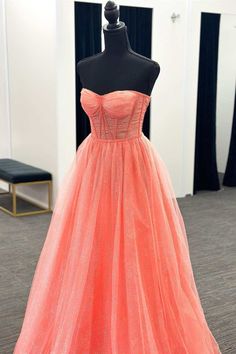 Coral Tulle Strapless A-Line Long Prom Dress Peach Prom Dress Coral, Coral Prom Dresses, Peach Prom Dress, Poofy Prom Dresses, Peach Prom Dresses, Coral Gown, Long Corset, Coral Prom Dress, Teal Cocktail Dress