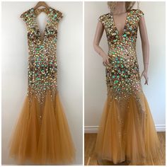 Stunning! Worn Once For A Reception. Couple Hours. Immaculate Condition, No Rips, Snags, Torn Or Missing Stones. Padding For Chest. Claps Around Back Of Neck. Short Zipper & Clasps On The Lower Back. Looks More Fabulous In Person And On. Size : Small Color: Gold Measurements: Shoulders 17” Chest 15” Waist 12.5” Length 60” Hips 15” Reception Couple, Crystal Mermaid, Short Zipper, Mermaid Evening Gown, Lower Back, Evening Gown, Evening Gowns, Mermaid, Zipper