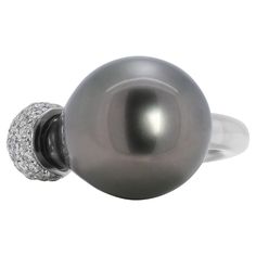 This stunning 18K white gold ring features a captivating Tahitian pearl as the centrepiece, showcasing a beautiful grey hue. The ring is adorned with 30 round brilliant diamonds, with a total carat weight of 0.60ct, boasting an impressive F colour grade and VS1 clarity. Weighing 9.88g, this elegant piece is size 53/14 and offers a sophisticated balance of luxury and refinement. The diamonds enhance the natural beauty of the pearl, making it a standout accessory for any occasion. Metal: 18K White Tahitian Pearl Ring, Tahitian Black Pearls, Pearl And Diamond Ring, Natural Diamond Ring, Modern Ring, Tahitian Pearls, Diamond Cluster Ring, White Gold Ring, Brilliant Diamond