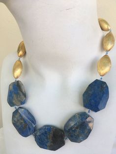 Lapis Gold Necklace, hand knotted in blue silk thread, flat rentangle, Blue Lapis Lazuli, almond shape, brushed gold vermeil.  6 mm rock crystal in back of necklace for comfort and style. This one-of-a-kind  is 18 inches in length, weight is 3.4 oz,hand crafted in North Palm Beach, Florida by designer artist Christine Smith Hand Knotted Jewelry, Diy Statement Necklace, Beautiful Crafts, Diy Necklaces, Lapis Lazuli Jewelry, Nice Jewelry, Almond Shape, Chunky Jewelry, Blue Lapis