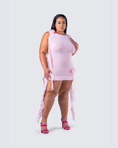 Get them sprung in the springtime 🌸 It's hard to stay lowkey when everyone is going to be noticing you in this pink ruffle rosette dress constructed from a mesh fabric, with a high neck and low back design ✨ Leave little to the imagination - dress is sheer & undergarments are not included 🤭 Fitted Sleeveless Mesh Dress With Ruffles, Spring Pink Stretch Mesh Dress, Fitted Flirty Mesh Dress With Ruffles, Flirty Fitted Mesh Dress With Ruffles, Pink Ruffled Mesh Party Dress, Pink Ruffled Mesh Dress For Party, Flirty Ruffled Mesh Summer Dress, Flirty Ruffled Mesh Dress For Summer, Summer Flirty Mesh Dress With Ruffles