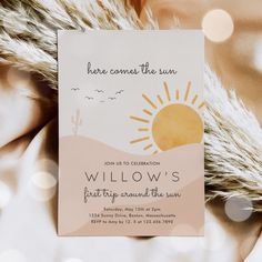 a card with the words, here comes the sun and an image of a desert scene