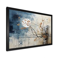 an abstract painting with blue and white colors on the wall, framed in black frame