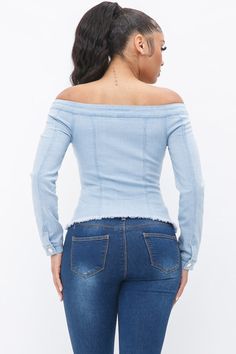 OFF THE SHOULDERS LONG SLEEVE DENIM TOP MADE IN VIETNAM 42%COTTON 28%RAYON 2%SPANDEX S/M/L(2-2-2) Light Denim, Denim Top, Jeggings, Levi Jeans, Off The Shoulder, Vietnam, Off Shoulder, Spandex, Long Sleeve