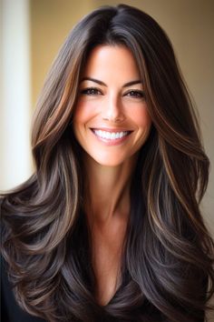 Long Espresso Layers with Face-Framing Highlights Hairstyle on a smiling woman with brown hair. Dark Hair And Highlights Brunettes, Hair 2024 Fall Trends, Brown Hair Styles Long Hairstyles, Asian Hair Colour, Fall Highlights For Dark Brown Hair, Fall Hair Color Trends For Brunettes, Rich Hairstyles, Dark Fall Hair Color For Brunettes, Best Brunette Hair Color