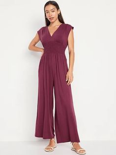 Waist-Defined Shirred Jumpsuit | Old Navy V-neck Jumpsuits And Rompers With Smocked Back For Vacation, Versatile Fitted V-neck Jumpsuits And Rompers, Versatile Fitted V-neck Jumpsuit, Sleeveless Jumpsuits And Rompers For Loungewear With Smocked Back, Sleeveless Jumpsuits And Rompers With Smocked Back For Loungewear, Stretch Solid Jumpsuits And Rompers With Elastic Waistband, Sleeveless Jumpsuits And Rompers For Loungewear, Solid Color Wide Leg Jumpsuits With Elastic Waistband, Casual Summer Jumpsuits And Rompers With Elastic Back