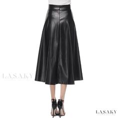 Lasaky - Leisure High-Waisted Faux Leather Maxi Skirt Knee-length Faux Leather Bottoms For Spring, Spring Knee-length Faux Leather Bottoms, Fitted Faux Leather Flared Skirt, Spring High Waist Faux Leather Skirt, High Waist Solid Color Faux Leather Skirt, Faux Leather Midi Skirt With Lining, Elegant Faux Leather Bottoms With Pleated Skirt, Elegant Faux Leather Pleated Skirt Bottoms, High Waist Leather Skirt For Fall