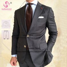 Elegant Grey Pinstripe Suit For Men Slim Fit 2 Piece Jacket Pants Set Formal Groom Wedding Peaked Luxury Tailored Pinstripe Double Breasted Suit, Luxury Men's Pinstripe Double Breasted Suit, Luxury Vest For Grooms, Luxury Single-breasted Pinstripe Suit, Luxury Pinstripe Blazer, Luxury Single-breasted Sets For Groom, Luxury Double-breasted Pinstripe Blazer, Luxury Pinstripe Double-breasted Blazer, Grey Pinstripe Suit