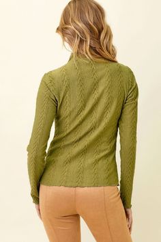 Lettuce Edge Detail Textured Knit TopMock neck with elasticHi-lo hem-90% Polyester, 10% Spandex-Model wears: S / Model height: 5` 9" Textured Top, Avocado Green, Top Graphic Tees, Textured Knit, Dress Romper, Clothes Gift, Vest Dress, S Models, Model Height