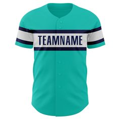 a baseball jersey with the name teamname on it in white and teal blue