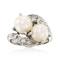 Ross-Simons - C. 1950 Vintage 7.5mm Cultured Pearl, .25ct t. w. Diamond Ring Size 5.5. C. 1950. What's more beautiful than a pearl? Two pearls! Embrace the graceful aesthetic of this Retro-era ring from our Estate collection, featuring a pretty pair of 7.5mm cultured pearls gleaming between .25 ct. t. w. round diamond curves. Finely crafted in polished 14kt white gold. 1/2" wide. Diamond and white pearl ring. Exclusive, one-of-a-kind Estate Jewelry. Pearl birthstones are the perfect gift for Jun Graceful Aesthetic, Pearl Diamond Ring, White Pearl Ring, Pearl Birthstone, Retro Era, 1950 Vintage, Jewelry Pearl, Fine Jewelery, Pearl Ring