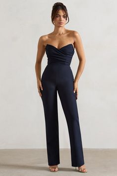 Navy Jumpsuit, Summer Pregnancy, Strapless Bandeau, Jumpsuit Party, Corset Bodice, Strapless Jumpsuit, Swimsuit Dress, Stretch Crepe, Invisible Zip