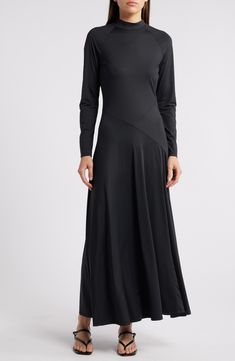 Asymmetric seams lend modern style to this versatile maxi dress boasting sumptuous stretch for event-ready comfort. 54 1/2" length (size Medium) Back keyhole with button-and-loop closure Mock neck Long sleeves Unlined 87% nylon, 13% spandex Dry clean Imported Fabric Gifts, Nordstrom Store, Free Fabric, Black Fits, Nordstrom Dresses, Mock Neck, Modern Style, Dry Clean, Nordstrom