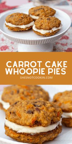 carrot cake whoopie pies on a white plate