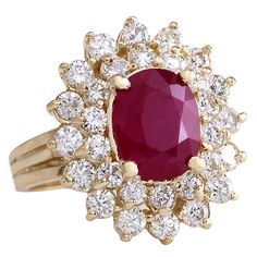 Stamped: 14K Yellow Gold Total Ring Weight: 8.5 Grams Ring Length: N/ARing Width: N/A Gemstone Weight: Total Natural Ruby Weight is 3.62 Carat (Measures: 10.20x7.90 mm) Color: Red Diamond Weight: Total Natural Diamond Weight is 2.10 Carat Quantity: 30 Color: F-G, Clarity: VS2-SI1 Face Measures: 21.20x18.90 mm Sku: [702624W] Luxury Ruby Cluster Ring With Center Stone, Luxury Cluster Ruby Ring With Center Stone, Gia Certified Yellow Gold Cluster Ring, Luxury Ruby Cluster Ring With 17 Jewels, Ruby Cluster Diamond Ring, Gia Certified Yellow Gold Ruby Ring, Formal Cluster Gemstone Ring, Formal Gemstone Cluster Ring, Gia Certified Gold Ruby Ring With Round Cut