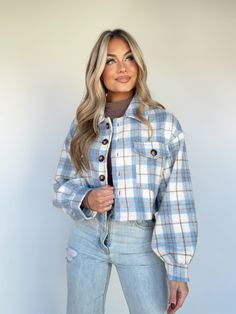 Look amazing and make a statement in this eye-catching Cool Rush Plaid Jacket. Show off your unique style with this figure-flattering piece, designed to be comfortable and stylish for any occasion. A must-have for your wardrobe! 100% Polyester Hand wash cold. Trendy Cotton Shacket, Trendy Cotton Long Sleeve Shacket, Trendy Cotton Shacket With Long Sleeves, Trendy Cotton Fall Outerwear, Trendy Cotton Outerwear For Fall, Casual Blue Shacket For Fall, Casual Blue Fall Shacket, Blue Long Sleeve Shacket For Fall, Trendy Cotton Outerwear For Day Out