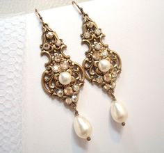 Bridal earrings wedding jewelry pearl earrings by treasures570, $55.00 White Brass Pearl Earrings For Wedding, Wedding Bronze Filigree Earrings, Elegant Brass Bridal Earrings For Wedding, Elegant Antique Gold Brass Chandelier Earrings, Brass Dangle Bridal Earrings, Victorian Gold Chandelier Earrings For Wedding, Bridal Brass Dangle Earrings For Wedding, Antique Gold Chandelier Earrings For Wedding, Elegant Antique Gold Earrings For Wedding