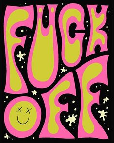 a pink and yellow poster with the words luck out on it's side, in front of a black background