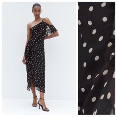 Nwt. Zara Black/White Polka Dots Ruffled Asymmetric Midi Dress With Back Zipper Closure, Front Vent, Lined. Size M. Ref. 8215/313. Pit To Pit 16" Flat, Waist 15", Length 55". 1030. Chic Polka Dot Evening Dress, Chic Evening Dresses In Polka Dot, Black Midi Dress With Asymmetrical Neckline For Summer, Chic Summer Midi Dress With Polka Dot Pattern, Chic Polka Dot Summer Midi Dress, Chic Polka Dot Midi Dress For Summer, Chic Polka Dot Maxi Dress For Evening, Chic Polka Dot Maxi Dress For Party, Chic Polka Dot Dress For Night Out