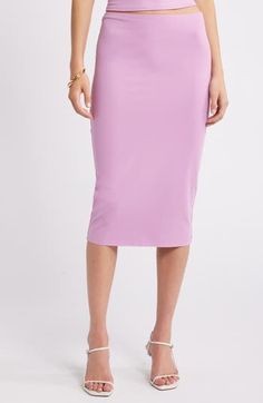 A smooth pencil skirt crafted from the brand's softest fabric contours to your silhouette for a look that easily transitions from the office to the evening. 27" length (size Medium) Lined 75% nylon, 25% spandex Machine wash, tumble dry Imported Elegant Fitted Solid Color Skirt, Spring Office Skirt Made Of Elastane, Elegant Pink Solid Skirt, Elegant Pink Solid Color Skirt, Fitted Midi Skirt Solid Color, Elegant Solid Color Mini Length Bottoms, Fitted Solid Color Skirt, Stretch Midi-length Bottoms For Date Night, Elegant Solid Color Mini Bottoms