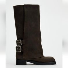 New With Tag Zara 2024 Collection Gaiter-Style Suede Boot. Double Strap With Buckle At The Heel. Squared Toe. Sole Height : 0.8 Inches (2 Cm) Brown | 1125 / 310 Upper 100% Cow Leather Lining 75% Polyester 15% Cow Leather 10% Polyamide Sole 100% Sbs Insole 100% Goat Leather Goat Leather, Zara Shoes, 2024 Collection, Suede Boots, Shoes Heels Boots, Cow Leather, Shoes Women Heels, Heeled Boots, Cow