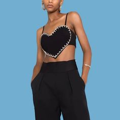 Black Crystal Trim Heart-shaped Camisole Top - Golden Atelier Fitted Heart Graphic Crop Top For Summer, Heart Shaped Tops For Summer Parties, Heart-shaped Party Tops For Summer, Heart-shaped Summer Party Tops, Black Party Crop Top With Sweetheart Neckline, Fitted Crop Top With Heart Graphic, Fitted Heart Graphic Crop Top, Summer Heart Graphic Tank Top, Black Party Top With Sweetheart Neckline