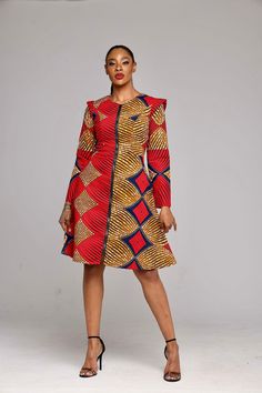 This African print handmade versatile piece was made to help you be stylish and comfortable. It could be worn as a dress, tunic or jacket. Wear it as a light jacket during summer, pair it up with some pants and you are good to go during the colder months. Fully lined 100% cotton wax Cap sleeves on long sleeves Front zipper Two-side pockets Length: 40 inches long Gold, red and navy blue Care instructions Hand wash with cold water Could be dry cleaned Low iron Simple Ankara Styles, African Wear For Ladies, African Print Jacket, African Attire Dresses, Ankara Short Gown Styles, Short African Dresses, African Dresses Modern, Latest Ankara, African Wear Dresses