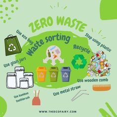 the zero waste poster is shown with trash and recyclables in it