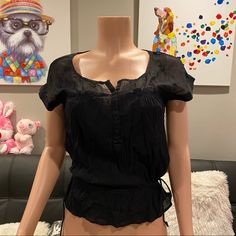 Size Xs Brand New, Never Worn. This Top Is Super Flattering On. Each Side Can Be Adjusted And Tied To Your Waist Width! The Eyelets And Embroidered Areas Are So Dainty And Pretty. Fabric Is Nice And Soft. Very Versatile Top. Offers Always Welcome! Black Peplum Top With Ruffles, Black Peplum Top For Night Out, Black Peplum Tops For Spring, Baby Blue Shirt, Green Ikat, Eagle Black, Crochet Halter Tops, Pretty Fabric, Striped Long Sleeve Shirt