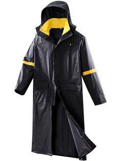 a black and yellow raincoat with hood