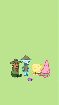 two cartoon characters sitting next to each other on a green background, one is holding a pink object and the other is wearing a hat