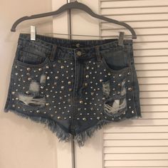 Studded Jean Shorts Never Worn With Tag Attached. Size Large. Denim Bottoms For Summer Night Out, Denim Shorts For Night Out, Denim Bottoms For Night Out In Summer, Summer Night Out Cutoff Bottoms, Denim Shorts For Summer Night Out, Summer Denim Shorts For Night Out, Chic Cutoff Bottoms For Night Out, Blue High-waisted Shorts For Night Out, Blue Shorts For Summer Night Out