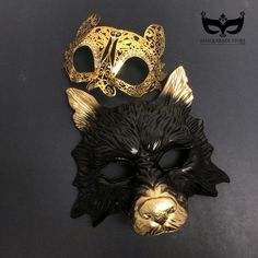 Wolf and bunny matching couples masks in black and gold. Thank you for supporting small businesses and hope our products bring you and loved ones some joy and humor in these trying times.  S H I P P I N G  -   Current processing times range 5-7 days. Pls note expedited & 1-2 day guaranteed delivery services offered will still require the same processing times.  I N C L U D E D Masks come with matching double sided satin ribbons attached. S I Z E  Adult size. Detailed dimensions available upon re Gold Masks For Halloween Costume Party, Halloween Black Cat Ears Mask, Black Masks For Halloween Themed Events, Black Halloween Masks For Themed Events, Black Masks For Carnival Themed Events, Themed Black Masquerade Mask For Cosplay, Gold Masquerade Mask For Carnival Cosplay, Novelty Black Party Masks, Black Cat Ears Masks For Costume Party