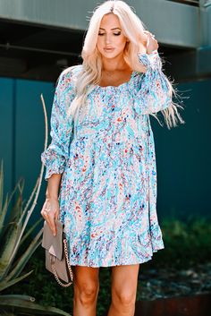 Sky Blue Ruffled Square Neck Floral Dress Floral Azul, High Waist Dress, Cold Shoulder Long Sleeve, Usa Outfit, Ruffle Hem Dress, Flounce Sleeve, Floral Dresses, Hem Dress, Ruffle Hem